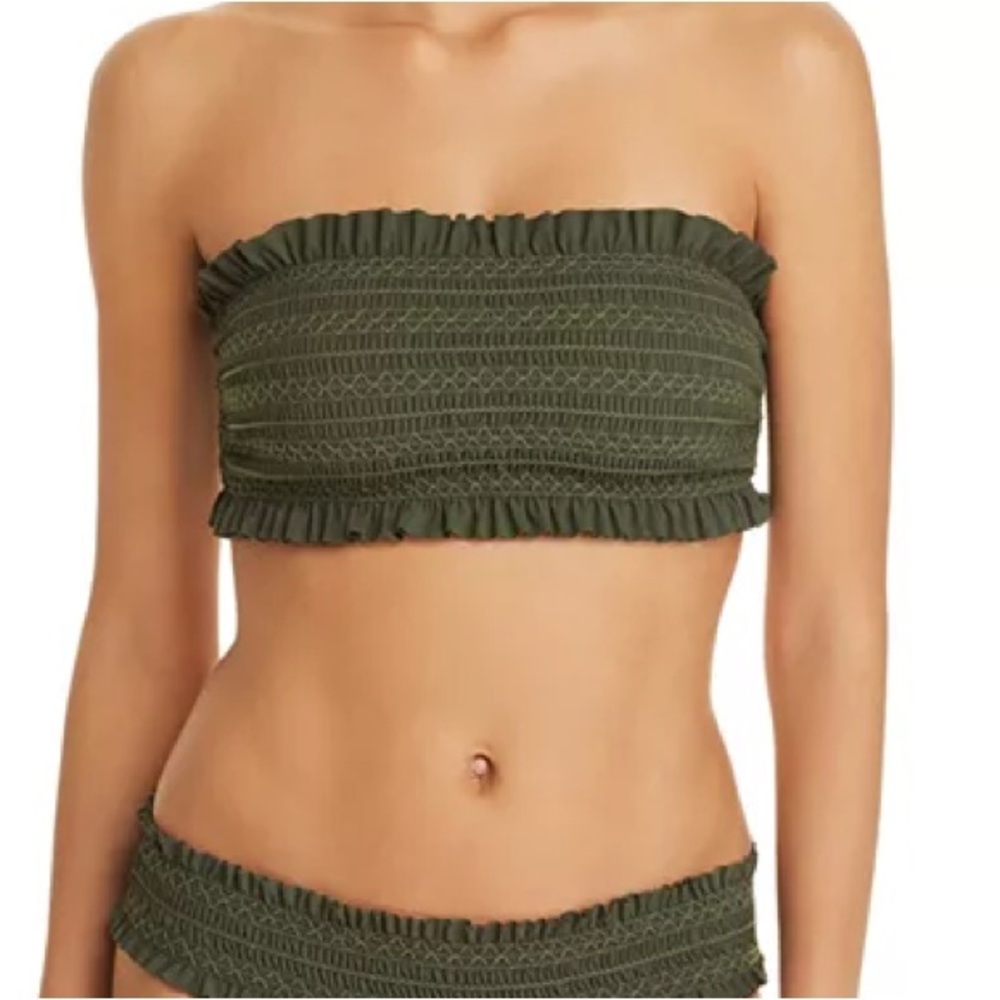 Tory Burch Costa Ruffle Bandeau Bikini Top in Olive Green - Size Medium